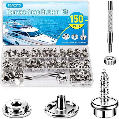 FEAOXYO 150PCS Canvas Snap Button Kit, Marine Grade 3/8" Socket, Stainless Steel Screws Snap Fasteners Kit for Fabric, Furniture, Leather and Boat Cover Canvas Replacement in Kuwait