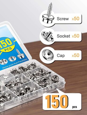 FEAOXYO 150PCS Canvas Snap Button Kit, Marine Grade 3/8" Socket, Stainless Steel Screws Snap Fasteners Kit for Fabric, Furniture, Leather and Boat Cover Canvas Replacement in Kuwait