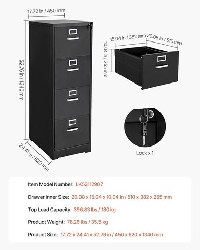 4 Drawer File Cabinet with Lock, Steel, Black, A4 Filing Storage Cabinet in Kuwait