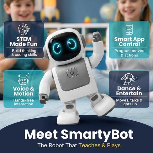 SmartyBot Smart Robot Toy for Kids - Interactive Remote Control Robot with App, Programmable Moves, 7 Customizable LED Eye Colors, Reacts to Music, STEM Learning Toy for Boys & Girls Ages 4 5 6 7 8 9 in Kuwait