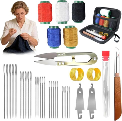 38 PCS Stainless Steel Needles for Hand Sewing with Storage Bag, Needle and Thread Kit for Sewing Clothes, Heavy Duty Sewing Kit Suture Remover, Thimble, Threaders,5 Color Threads Tailors Awl in Kuwait