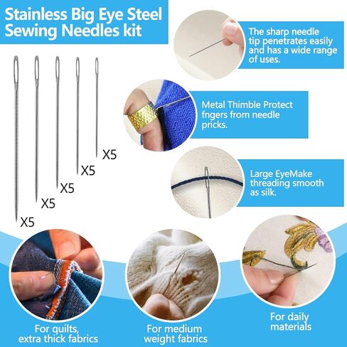 38 PCS Stainless Steel Needles for Hand Sewing with Storage Bag, Needle and Thread Kit for Sewing Clothes, Heavy Duty Sewing Kit Suture Remover, Thimble, Threaders,5 Color Threads Tailors Awl in Kuwait