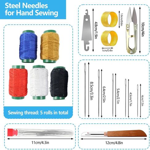 38 PCS Stainless Steel Needles for Hand Sewing with Storage Bag, Needle and Thread Kit for Sewing Clothes, Heavy Duty Sewing Kit Suture Remover, Thimble, Threaders,5 Color Threads Tailors Awl in Kuwait
