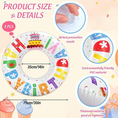 Whaline 3Pcs Happy Birthday Inflatable Pool Floats Swim Rings Colorful Words Birthday Cake Swimming Pool Tubes for Adults Teens Summer Beach Bachelorette Party, 30 x 14 Inch in Kuwait