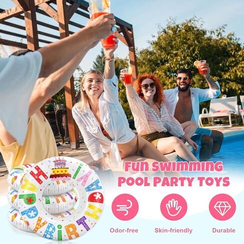 Whaline 3Pcs Happy Birthday Inflatable Pool Floats Swim Rings Colorful Words Birthday Cake Swimming Pool Tubes for Adults Teens Summer Beach Bachelorette Party, 30 x 14 Inch in Kuwait