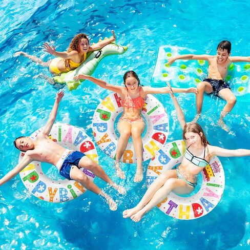 Whaline 3Pcs Happy Birthday Inflatable Pool Floats Swim Rings Colorful Words Birthday Cake Swimming Pool Tubes for Adults Teens Summer Beach Bachelorette Party, 30 x 14 Inch in Kuwait