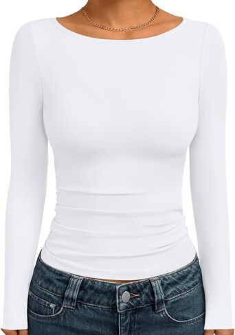 Trendy Queen Women's Long Sleeve Shirts Going Out Boat Neck Tops Slim Fitted Tshirts Tight Y2k Outfits in Saudi Arabia