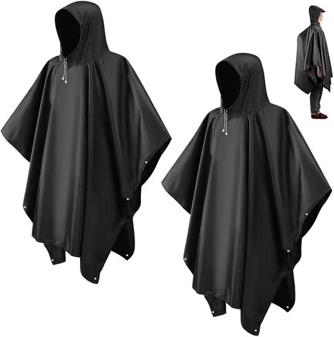 2 Pcs Rain Ponchos for Adults Reusable,Black Color EVA Raincoats for Women Men with Drawstring Hood and Sleeves,Waterproof Rain Coats Perfect for Camping,Hiking and Travel Outdoor Accessories in Saudi Arabia