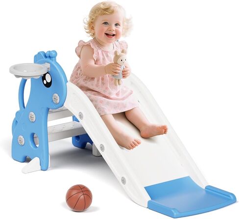 KORIMEFA 3-in-1 Toddler Slide Climber Playset with Basketball Hoop & Ball, Indoor Outdoor Baby Slide Play Set for Kids 1-3, Pink in Kuwait