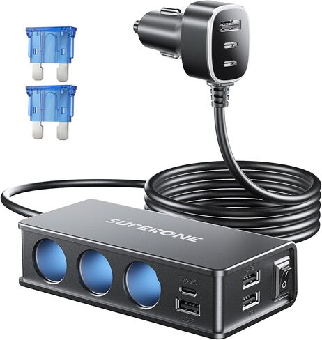 موزع ولاعة سجائر 10 في 1، محول ولاعة سجائر SUPERONE 3 مقابس مع 7 منافذ USB [45W PD3.0 USB-C]، موزع شاحن سيارة سريع الشحن 12 فولت/24 فولت لشاحنة SUV RV كمبيوتر محمول iPhone GPS in Kuwait