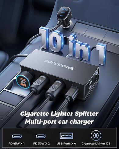 موزع ولاعة سجائر 10 في 1، محول ولاعة سجائر SUPERONE 3 مقابس مع 7 منافذ USB [45W PD3.0 USB-C]، موزع شاحن سيارة سريع الشحن 12 فولت/24 فولت لشاحنة SUV RV كمبيوتر محمول iPhone GPS in Kuwait