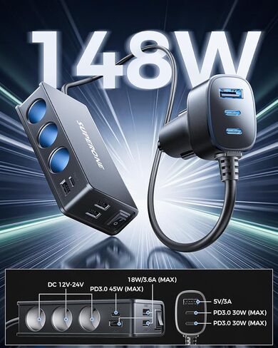 موزع ولاعة سجائر 10 في 1، محول ولاعة سجائر SUPERONE 3 مقابس مع 7 منافذ USB [45W PD3.0 USB-C]، موزع شاحن سيارة سريع الشحن 12 فولت/24 فولت لشاحنة SUV RV كمبيوتر محمول iPhone GPS in Kuwait