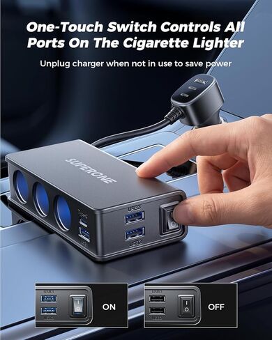موزع ولاعة سجائر 10 في 1، محول ولاعة سجائر SUPERONE 3 مقابس مع 7 منافذ USB [45W PD3.0 USB-C]، موزع شاحن سيارة سريع الشحن 12 فولت/24 فولت لشاحنة SUV RV كمبيوتر محمول iPhone GPS in Kuwait