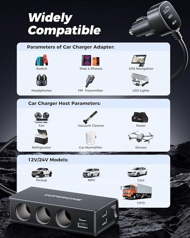 موزع ولاعة سجائر 10 في 1، محول ولاعة سجائر SUPERONE 3 مقابس مع 7 منافذ USB [45W PD3.0 USB-C]، موزع شاحن سيارة سريع الشحن 12 فولت/24 فولت لشاحنة SUV RV كمبيوتر محمول iPhone GPS in Kuwait