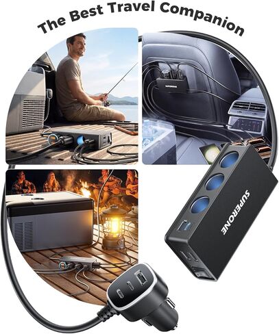 موزع ولاعة سجائر 10 في 1، محول ولاعة سجائر SUPERONE 3 مقابس مع 7 منافذ USB [45W PD3.0 USB-C]، موزع شاحن سيارة سريع الشحن 12 فولت/24 فولت لشاحنة SUV RV كمبيوتر محمول iPhone GPS in Kuwait