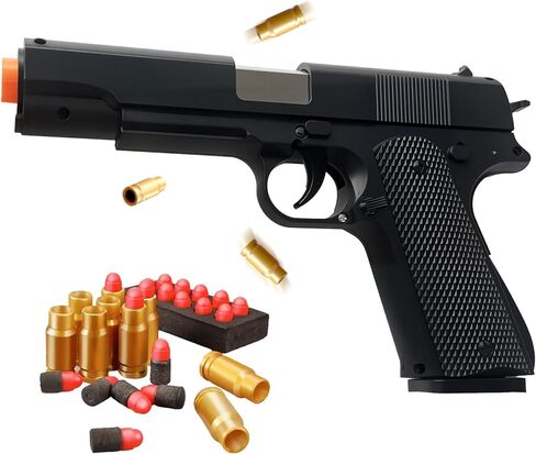 Wood Grain Foam Blaster Pistol with 2 Detachable Magazines, 40 Shell Casings, 50 Soft Bullets, Great Birthday for Boys and Girls, Realistic Action with Shell Ejection in Kuwait