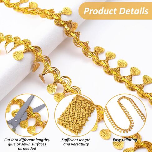 PAGOW 10 Yards Sequin Tassel Lace Trim, 1.78 Inch Woven Fabric Polyester Gold Trim for Sewing, Braided Trims Lace Fringe for Jewelry Making Wedding Bridal Costume Crafts Dance Dress in Kuwait