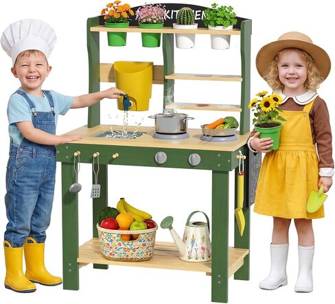 Babytronic Mud Kitchen, Wooden Outdoor Kitchen for Kids Age 3+, Play Kitchen Set with 19 Accessories, Play Sink with Running Water, Stove, Mud Table for Sensory Fun, Cooking, Planting, Toddler Gift in Kuwait