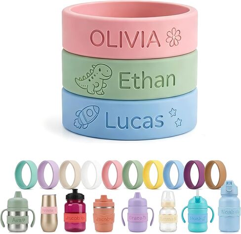 3 Pack Personalized Water Bottle Labels, Custom Engraved Baby Bottle Labels for Daycare, Reusable Silicone Name Bands with Cute Icons, Wavy & Round Cup Tag for Kids, School, Camp & Baby Shower Gifts in Kuwait
