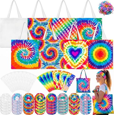 Rivvlive 68 Pcs Tie Dye Party Supplies with 40 White Scrunchies 20 Headbands and 8 Canvas Tote Bags Tie Dying Items for DIY Craft Large Groups Art Project Group Activity in Kuwait