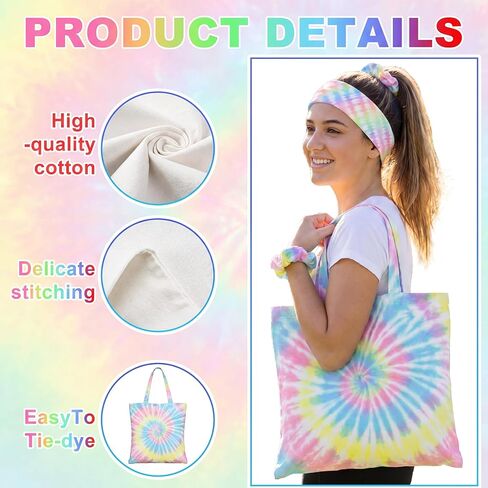 Rivvlive 68 Pcs Tie Dye Party Supplies with 40 White Scrunchies 20 Headbands and 8 Canvas Tote Bags Tie Dying Items for DIY Craft Large Groups Art Project Group Activity in Kuwait