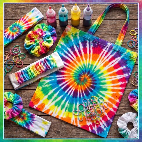 Rivvlive 68 Pcs Tie Dye Party Supplies with 40 White Scrunchies 20 Headbands and 8 Canvas Tote Bags Tie Dying Items for DIY Craft Large Groups Art Project Group Activity in Kuwait