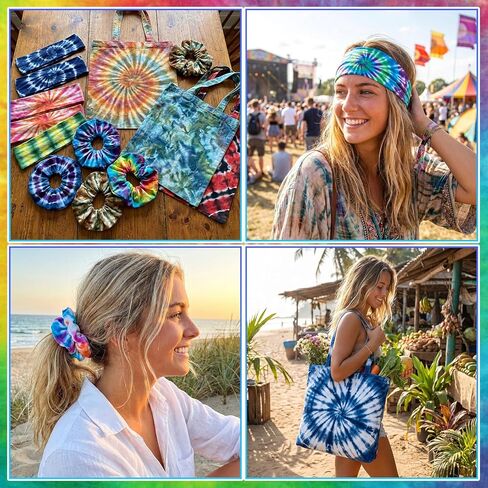 Rivvlive 68 Pcs Tie Dye Party Supplies with 40 White Scrunchies 20 Headbands and 8 Canvas Tote Bags Tie Dying Items for DIY Craft Large Groups Art Project Group Activity in Kuwait