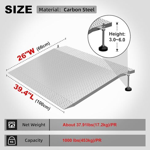 Door Threshold Ramp, 3-6" Adjustable Height Rise Threshold Ramp for Doorways, 39.4" Portable Self Supporting Entry Handicap Ramp, 1000lbs Load for Wheelchairs, Scooters, Uneven Surfaces, Carbon Steel in Kuwait