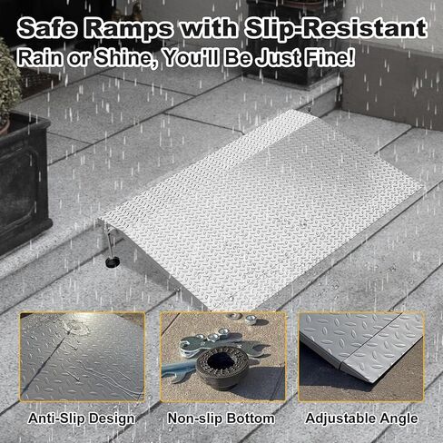 Door Threshold Ramp, 3-6" Adjustable Height Rise Threshold Ramp for Doorways, 39.4" Portable Self Supporting Entry Handicap Ramp, 1000lbs Load for Wheelchairs, Scooters, Uneven Surfaces, Carbon Steel in Kuwait