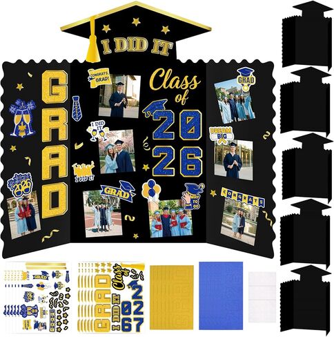 Moon Boat 5 Pack Graduation Decorations 2026 Trifold Poster Boards with Stickers Class of 2026 Grad Party Picture Display Supplies(Black Gold) in Kuwait