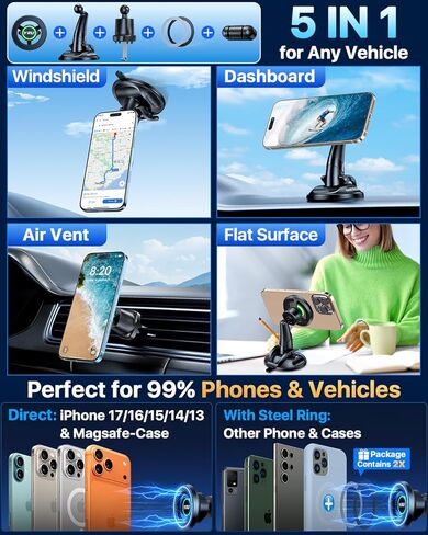 YRU [Truely Upgrade & Patent] Car Phone Holder for Magsafe [98+LBS Strongest Suction & Enhanced Magnetic] Dashboard Car Mount Windshield Vent Phone Stand for iPhone 17/16/15/14/13/12 Pro Max, Black in Saudi Arabia
