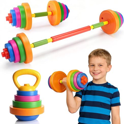 AuntyFey Kids Workout Equipment, 3 in 1 Adjustable Weight Toy Equipment for Children Pretend Play Exercise, Toddler Beginner Gym, Fitness for Birthday Gifts (Dumbbell, Barbell, Kettlebell in Kuwait