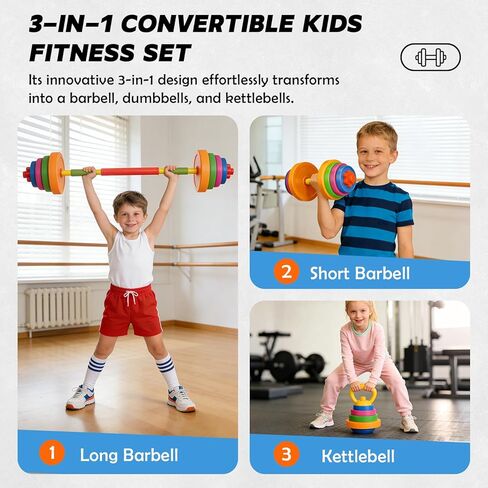 AuntyFey Kids Workout Equipment, 3 in 1 Adjustable Weight Toy Equipment for Children Pretend Play Exercise, Toddler Beginner Gym, Fitness for Birthday Gifts (Dumbbell, Barbell, Kettlebell in Kuwait