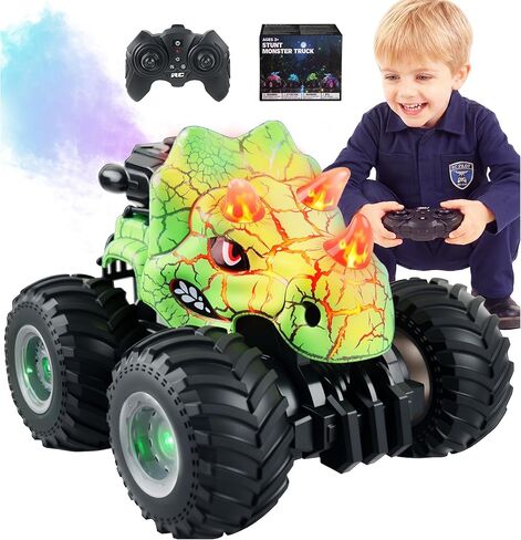 BEZGAR 1:18 Scale Monster Truck Toys, 4WD RC Cars with Music, Mist Spray & LED Light, 360° Stunt Spins RC Truck Dinosaur Toys with 2 Batteries, Remote Control Car for Boys 4-7(Green) in Kuwait