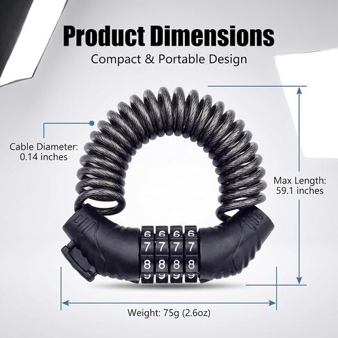 1 PC Motorcycle Helmet Lock, 150cm Retractable Steel Cable Lock, 4-digit Resettable Code Lock for Bike Luggage, Universal for Motorcycles, Scooters, Bikes (Black) in Kuwait
