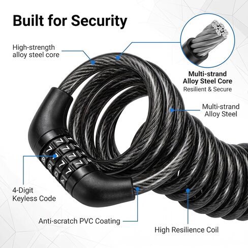1 PC Motorcycle Helmet Lock, 150cm Retractable Steel Cable Lock, 4-digit Resettable Code Lock for Bike Luggage, Universal for Motorcycles, Scooters, Bikes (Black) in Kuwait
