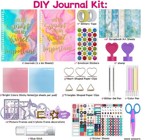 SUPMANGO 2-Pack DIY Journal Kit للفتيات الذين تتراوح أعمارهم بين 8-14 عامًا، مجموعة مجلة DIY أفكار هدايا عيد ميلاد ثابتة للفتيات، والحرف الفنية لسجل القصاصات للأطفال ومجموعة لوازم اليوميات in Kuwait