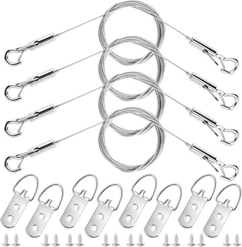 Picture Hanging Wire Kit, Adjustable Stainless Steel Frame Wire 2m X 1.5mm, Heavy Duty 90lbs, Picture Hangers with 16pcs Screws and 8pcs Hole D Rings, for Canvas Paintings/ Mirrors/ Frames in Kuwait