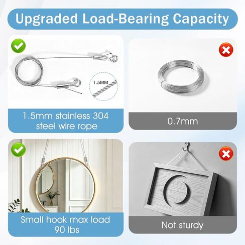 Picture Hanging Wire Kit, Adjustable Stainless Steel Frame Wire 2m X 1.5mm, Heavy Duty 90lbs, Picture Hangers with 16pcs Screws and 8pcs Hole D Rings, for Canvas Paintings/ Mirrors/ Frames in Kuwait