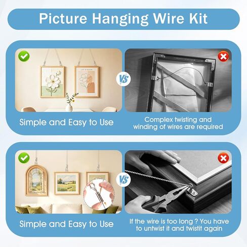 Picture Hanging Wire Kit, Adjustable Stainless Steel Frame Wire 2m X 1.5mm, Heavy Duty 90lbs, Picture Hangers with 16pcs Screws and 8pcs Hole D Rings, for Canvas Paintings/ Mirrors/ Frames in Kuwait