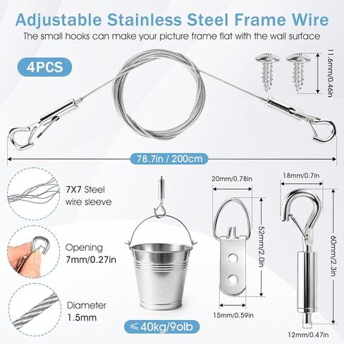 Picture Hanging Wire Kit, Adjustable Stainless Steel Frame Wire 2m X 1.5mm, Heavy Duty 90lbs, Picture Hangers with 16pcs Screws and 8pcs Hole D Rings, for Canvas Paintings/ Mirrors/ Frames in Kuwait