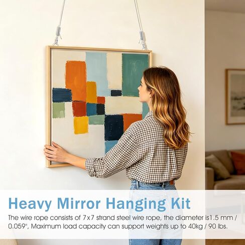 Picture Hanging Wire Kit, Adjustable Stainless Steel Frame Wire 2m X 1.5mm, Heavy Duty 90lbs, Picture Hangers with 16pcs Screws and 8pcs Hole D Rings, for Canvas Paintings/ Mirrors/ Frames in Kuwait