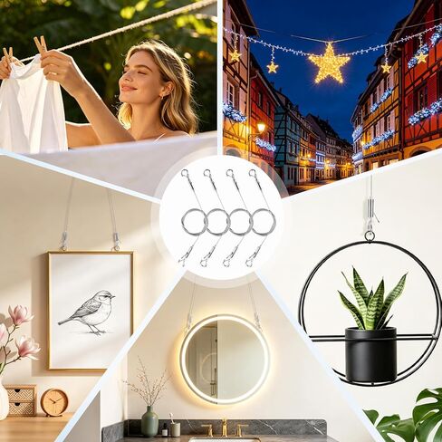 Picture Hanging Wire Kit, Adjustable Stainless Steel Frame Wire 2m X 1.5mm, Heavy Duty 90lbs, Picture Hangers with 16pcs Screws and 8pcs Hole D Rings, for Canvas Paintings/ Mirrors/ Frames in Kuwait