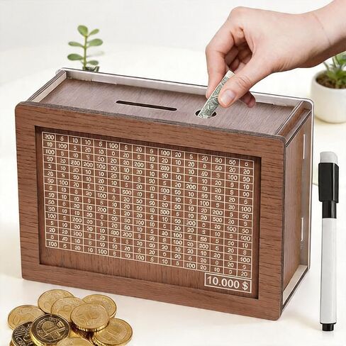صندوق تحدي التوفير 10000، صندوق توفير المال Cashbox Kakeibo، توفير المال، صندوق المال الخشبي، أداة تزيين الهدايا للمراهقين والبالغين لعيد الميلاد وعيد الفصح وعيد الحب in Kuwait