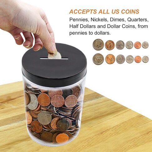 Clear Glass Piggy Bank with Black Slotted Lid, Well Sized Coin Bank, Two Placement Methods Money Tip Coin Jar for Adults Teens Kids Girls Boys, M in Kuwait