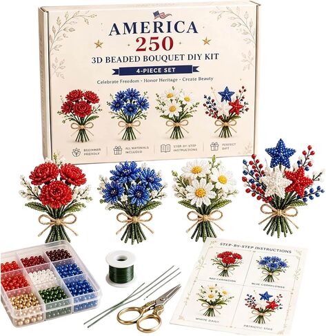 مجموعة WOAIXUEXI America 250 مجموعة DIY باقة مطرزة، 1776-2026 مجموعة حرفية يوم الاستقلال الأمريكي 250، 4 عبوات من لوازم صنع الزهور المصنوعة يدويًا، ديكور فني للعطلات لتزيين الحفلات (نمط-A) in Kuwait
