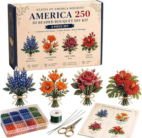 مجموعة WOAIXUEXI America 250 مجموعة DIY باقة مطرزة، 1776-2026 مجموعة حرفية يوم الاستقلال الأمريكي 250، 4 عبوات من لوازم صنع الزهور المصنوعة يدويًا، ديكور فني للعطلات لتزيين الحفلات (نمط-A) in Kuwait