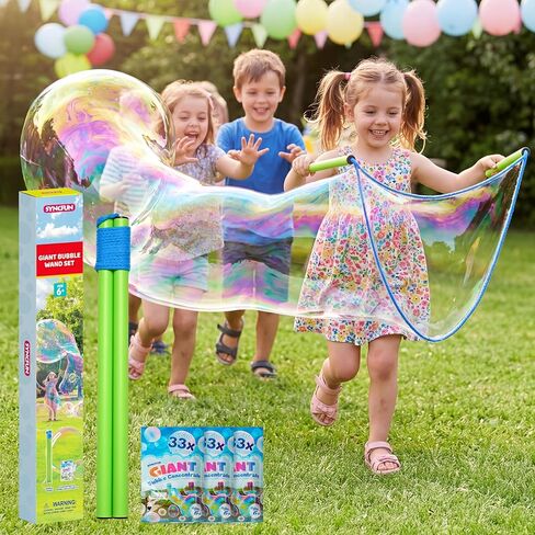 SYNCFUN 4 Pcs Giant Bubble Wand, 1 Big Bubble Wand Set with 3 Packs 33X Super Concentrate Solution, Giant Bubbles Maker for Kids Summer Outdoor Toy Game Activity Birthday Party Favors in Kuwait