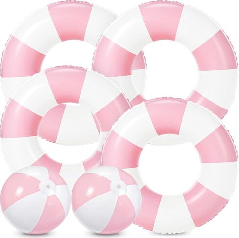 Realspring 6 Pack Inflatable Pool Toys Floats for Kids Adults 4 Pcs Swim Tubes Rings with 2 Pcs Beach Balls Floaties Beach Swimming Toys for Summer Pool Water Games Party Favor Baby Shower in Kuwait