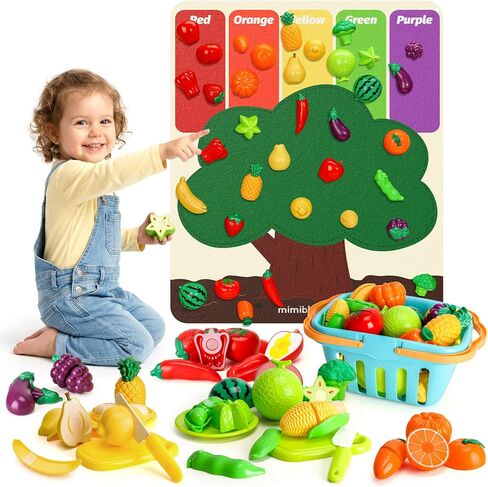 SOCBTNSO Pretend Play Food Set with Felt Tree Mat & Storage Basket: Kitchen Accessories Toys| Fruit and Veggie Sensory Toy| Montessori Color Sorting| Gift for 3 4 5 6 Year Old Toddlers Kids Boys Girls in Kuwait
